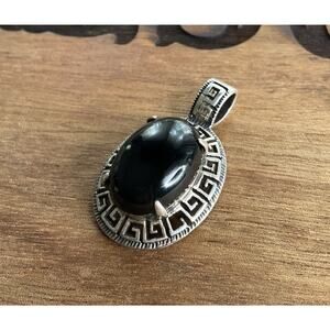 Sterling Silver Black Onyx Pendant 925 Greek Key Oval Cabochon Vintage Style